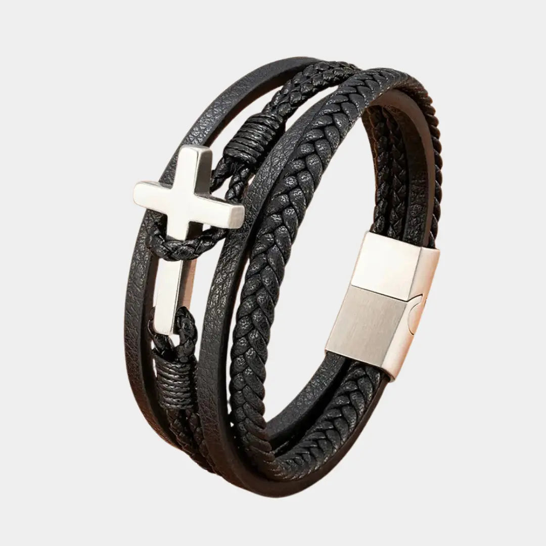 Bold Cross Leather Steel Bracelet - Arvenis Co