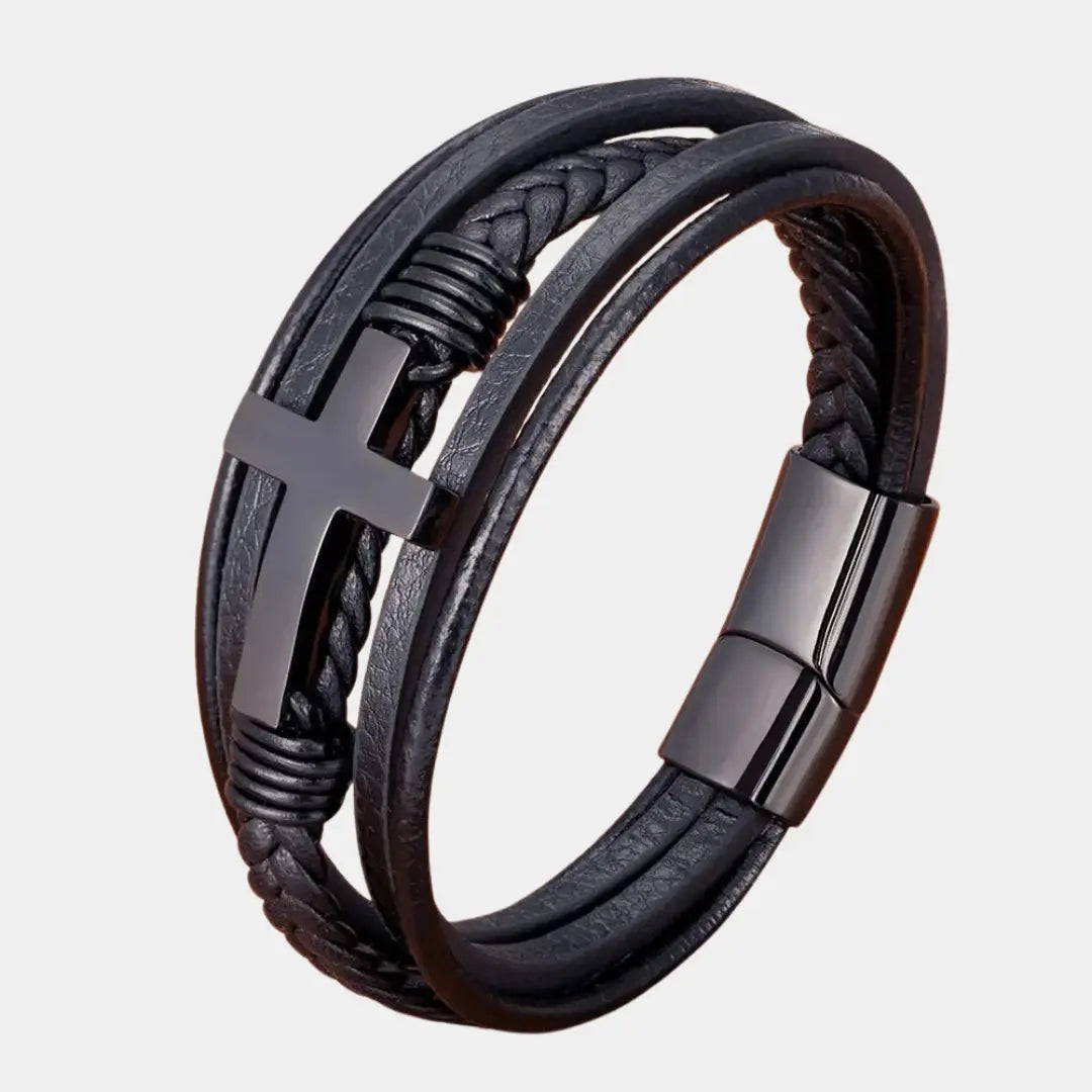 Bold Cross Leather Steel Bracelet - Arvenis Co
