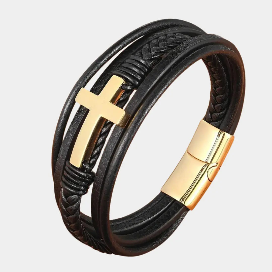 Bold Cross Leather Steel Bracelet - Arvenis Co