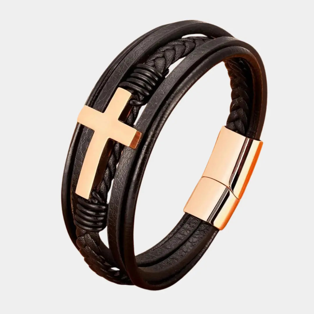 Bold Cross Leather Steel Bracelet - Arvenis Co