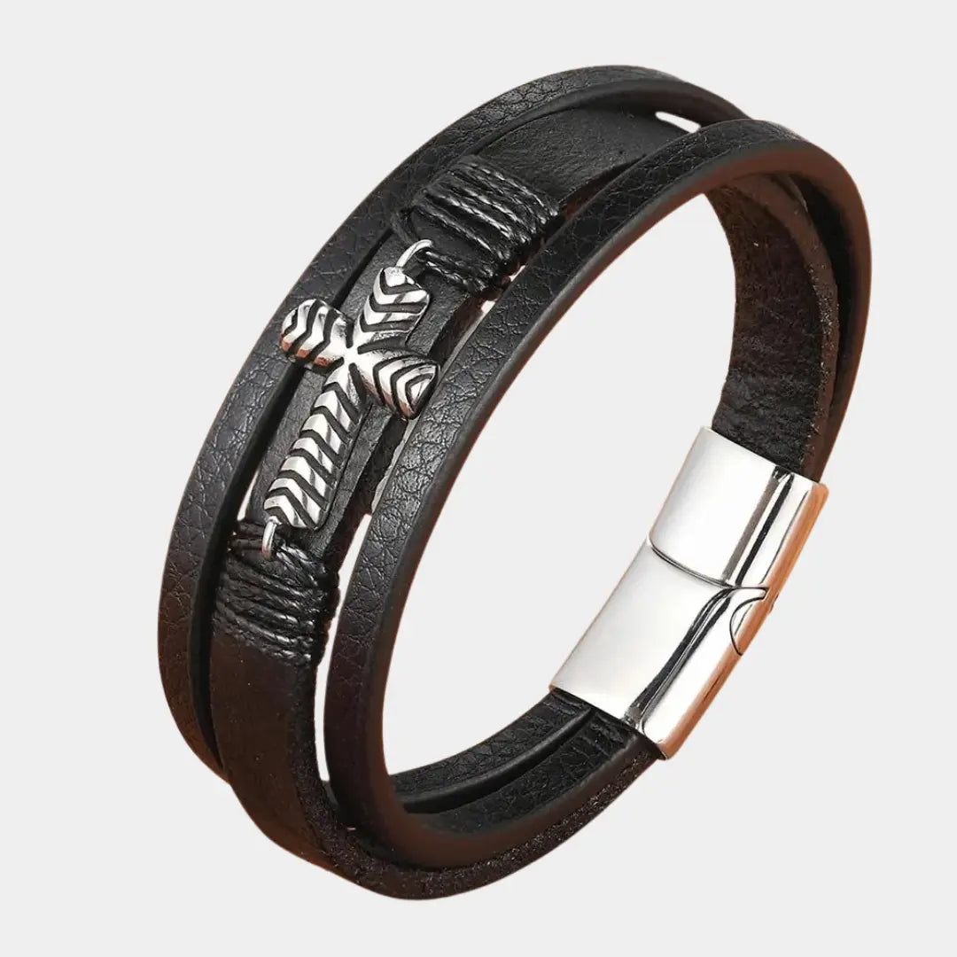Bold Cross Leather Steel Bracelet - Arvenis Co