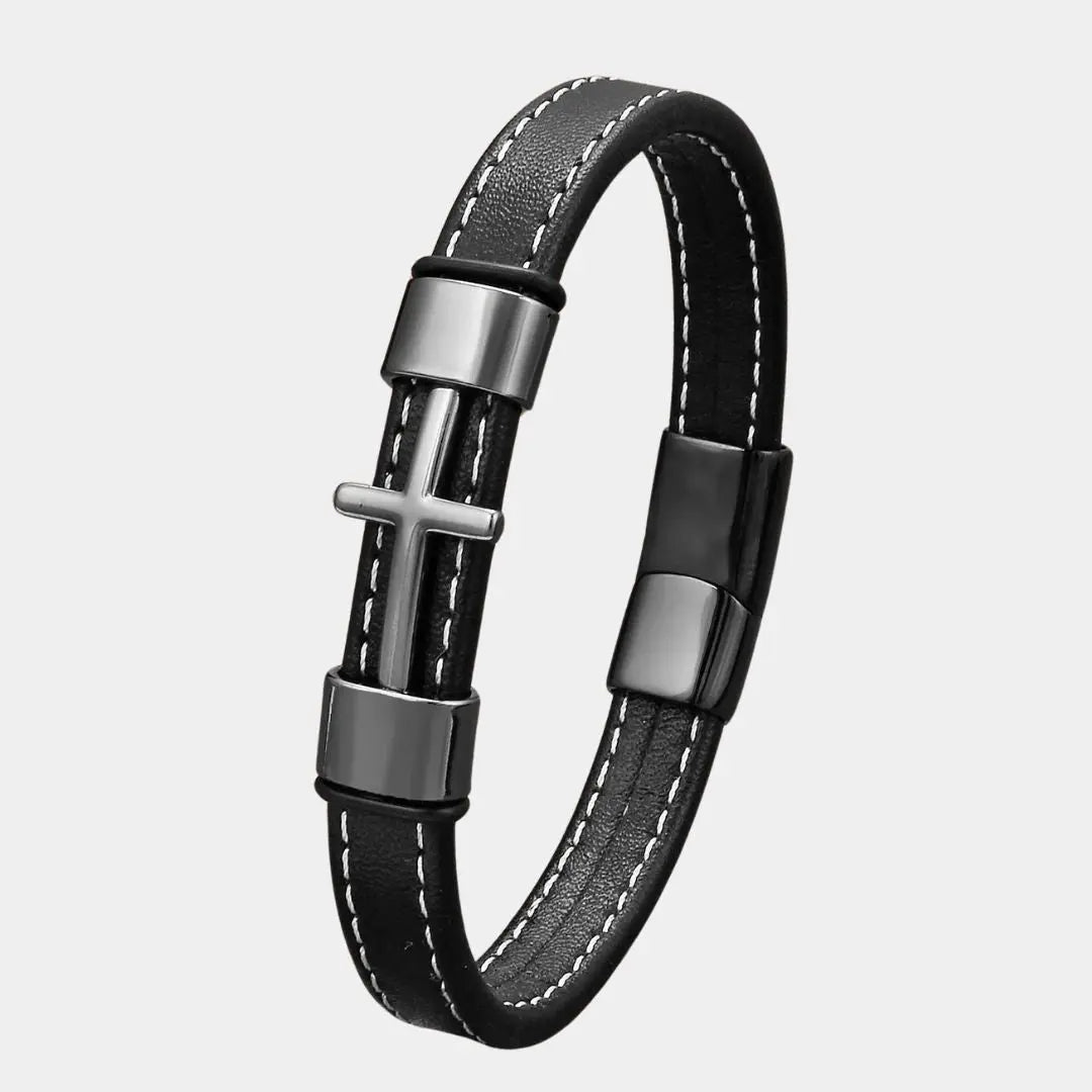 Signature Cross Steel Leather Bracelet - Arvenis Co