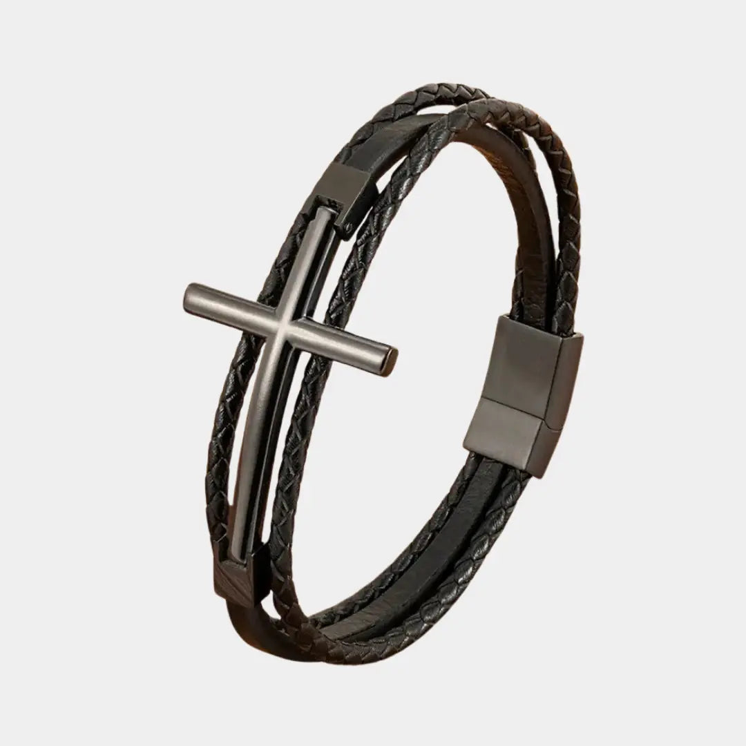 Bold Cross Leather Steel Bracelet - Arvenis Co
