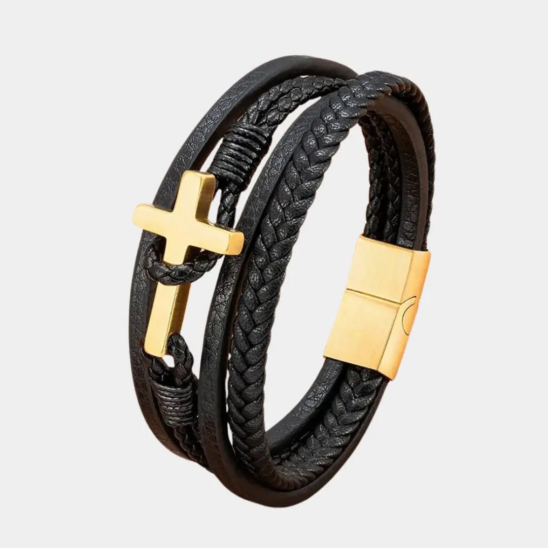 Bold Cross Leather Steel Bracelet - Arvenis Co