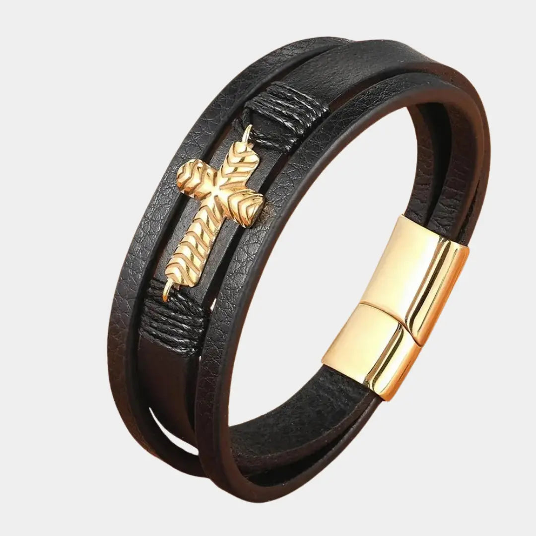 Bold Cross Leather Steel Bracelet - Arvenis Co