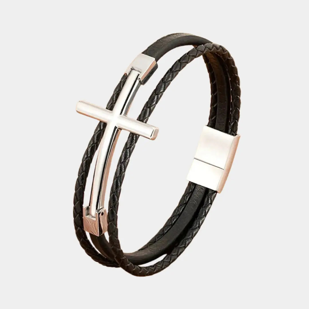 Bold Cross Leather Steel Bracelet - Arvenis Co