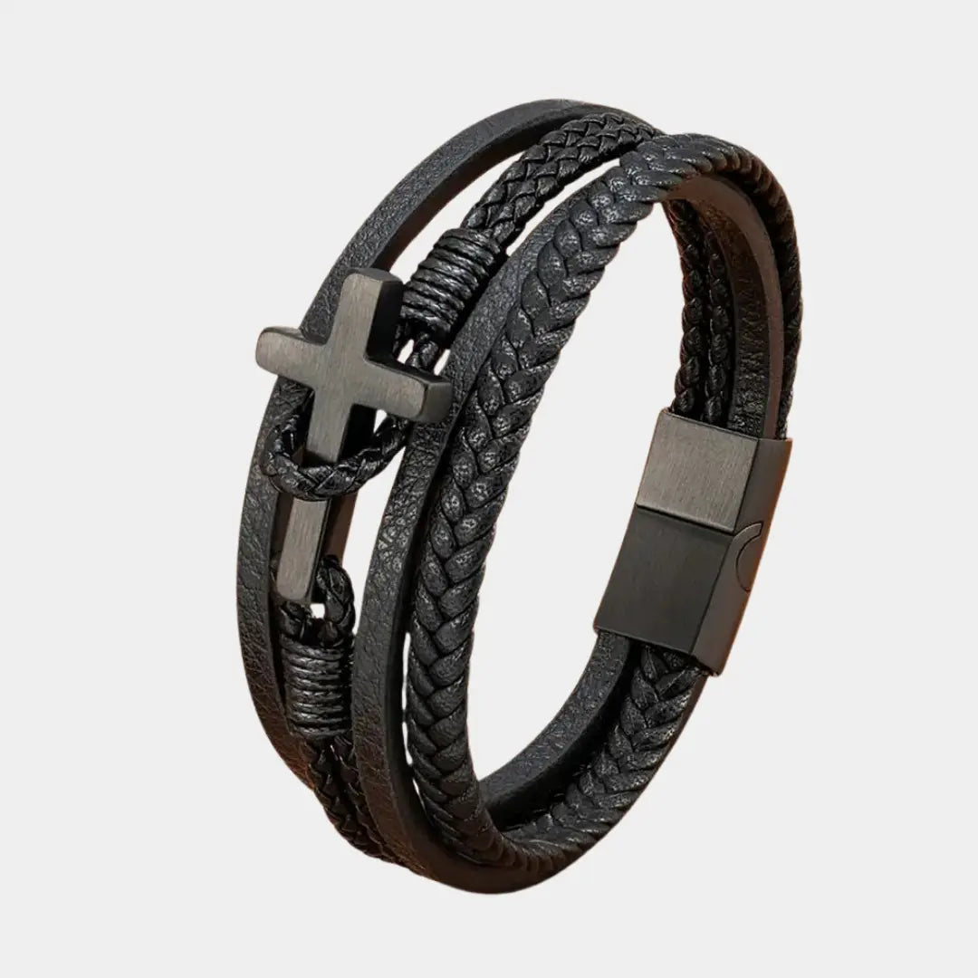 Bold Cross Leather Steel Bracelet - Arvenis Co