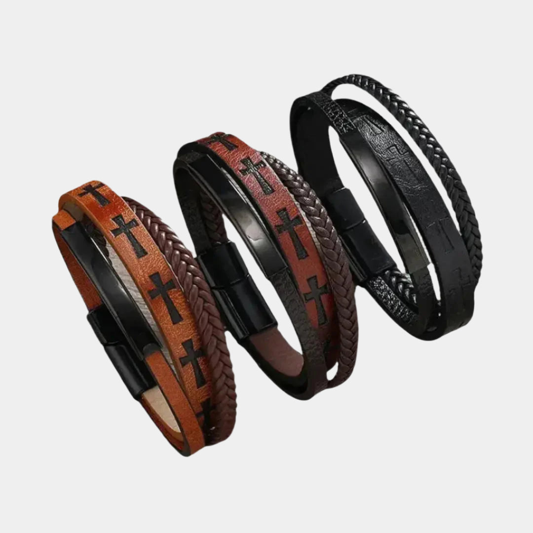Triple Layer Cross Leather Bracelet - Arvenis Co
