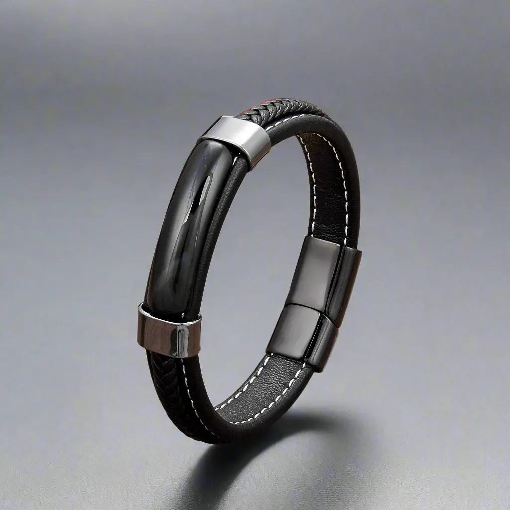 Hematite Grounded Leather Bracelet - Arvenis Co