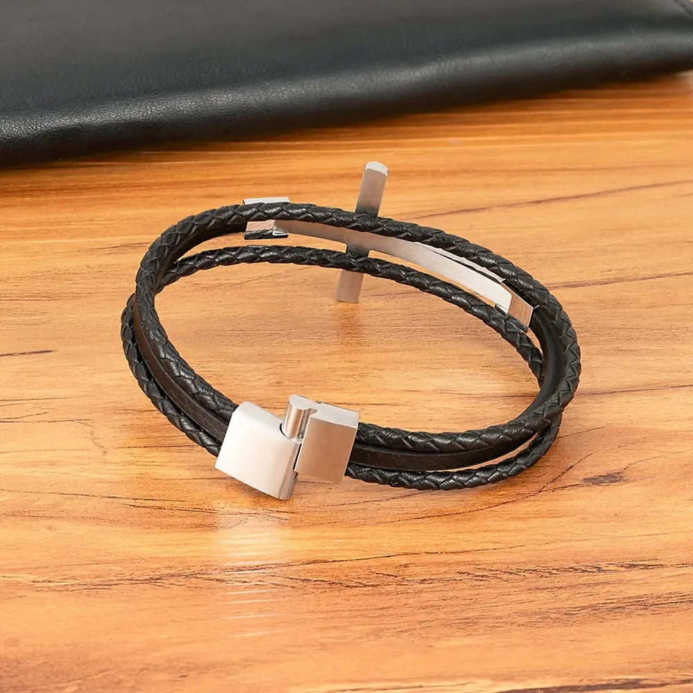 Bold Cross Leather Steel Bracelet - Arvenis Co