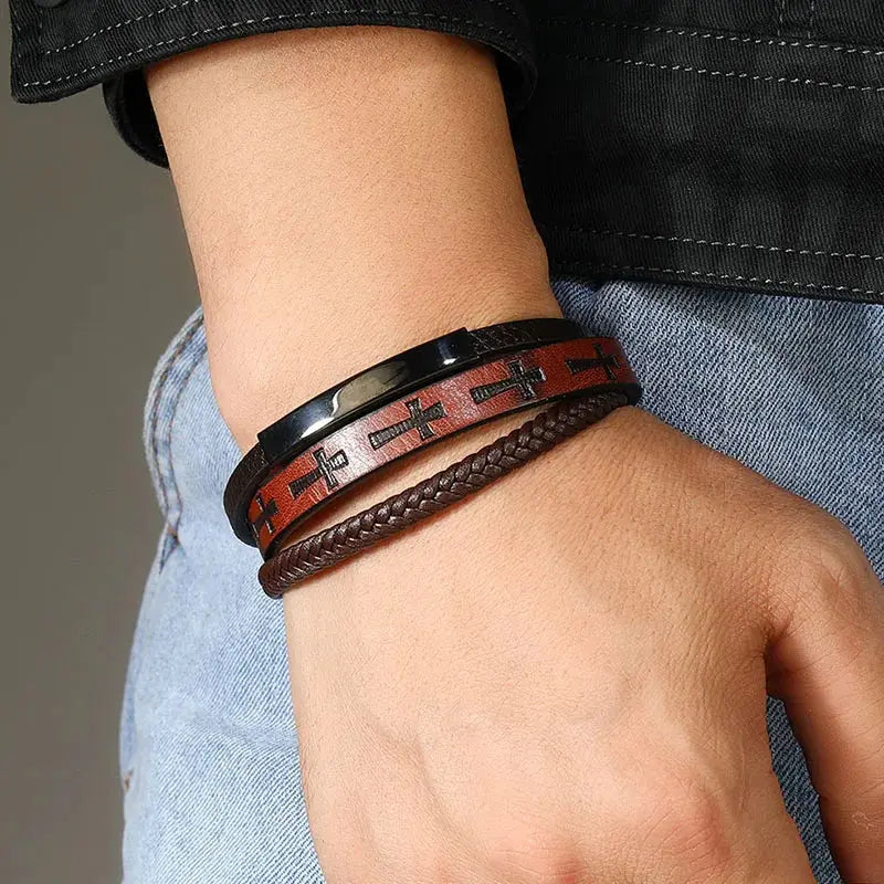 Triple Layer Cross Leather Bracelet - Arvenis Co