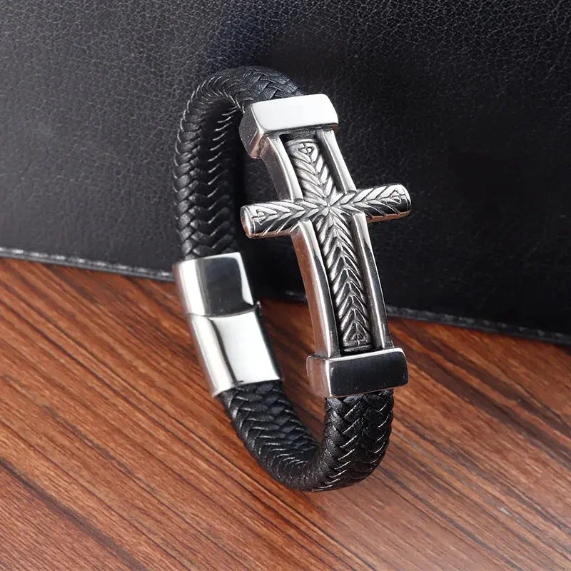 Steel Cross Leather Bracelet - Arvenis Co