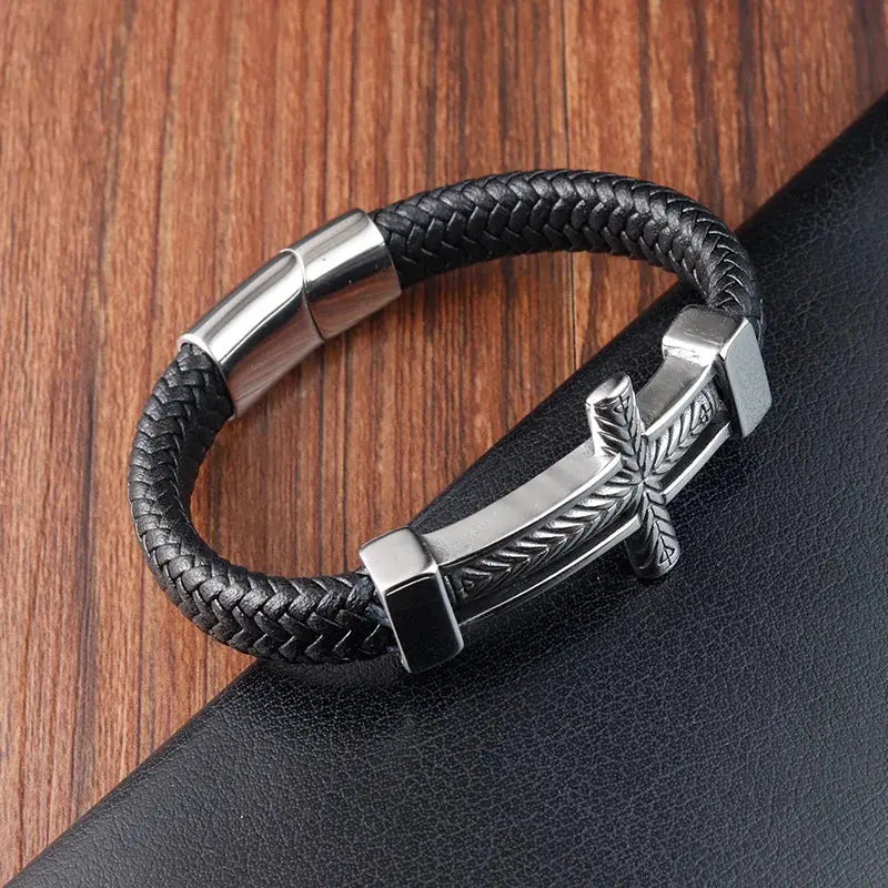 Steel Cross Leather Bracelet - Arvenis Co