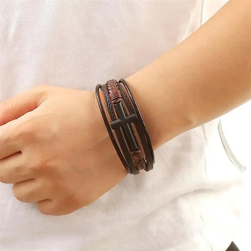 Elegant Cross Leather Bracelet - Arvenis Co