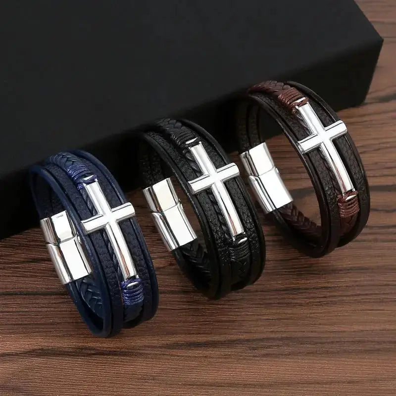 Elegant Cross Leather Bracelet - Arvenis Co