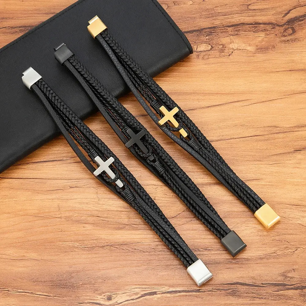 Bold Cross Leather Steel Bracelet - Arvenis Co
