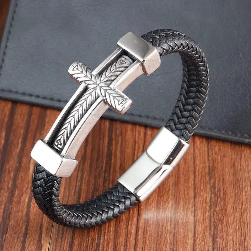 Steel Cross Leather Bracelet - Arvenis Co