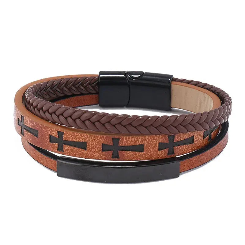 Triple Layer Cross Leather Bracelet - Arvenis Co