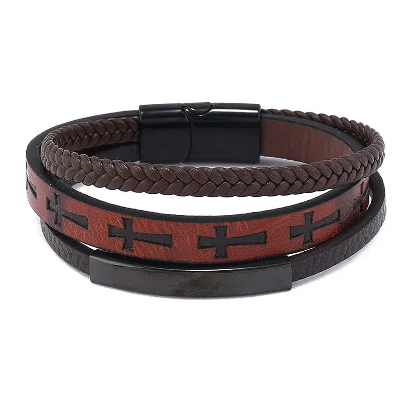 Triple Layer Cross Leather Bracelet - Arvenis Co