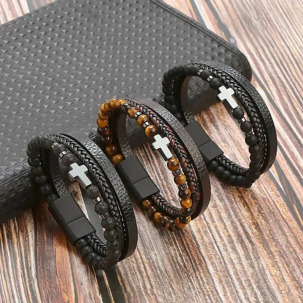 Faithful Leather Tri-Stack Bracelet - Arvenis Co