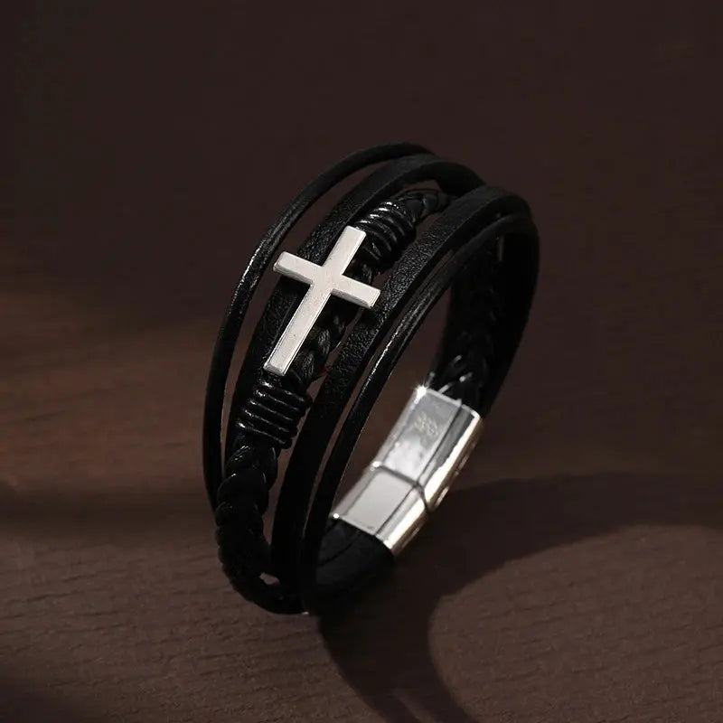 Jules Titanium Cross Leather Bracelet - Arvenis Co