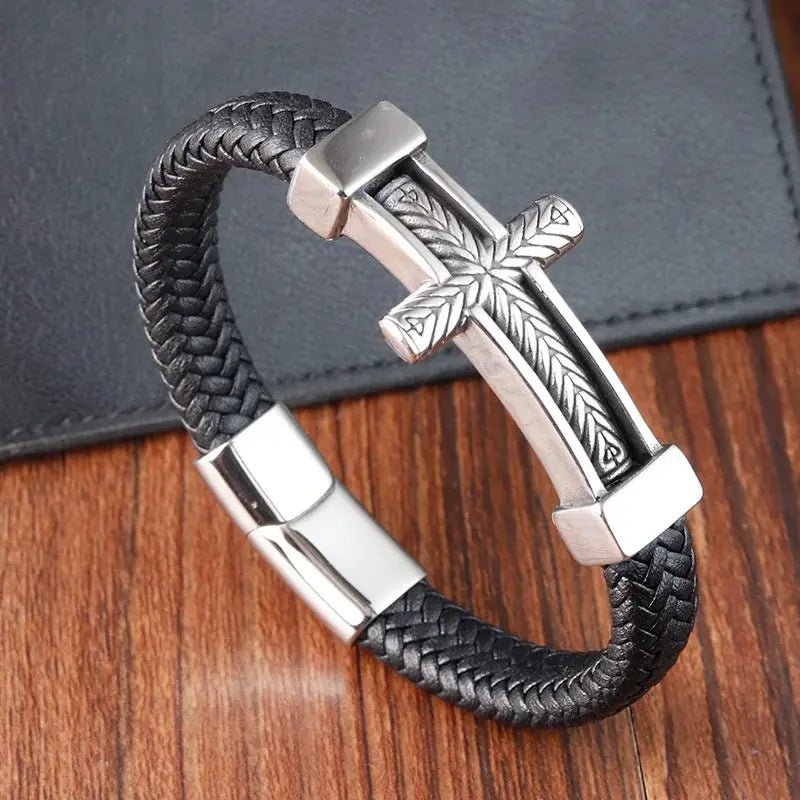 Steel Cross Leather Bracelet - Arvenis Co