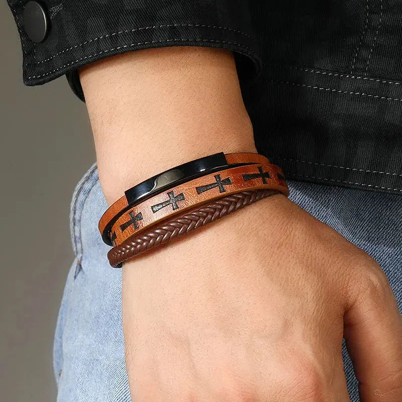 Triple Layer Cross Leather Bracelet - Arvenis Co