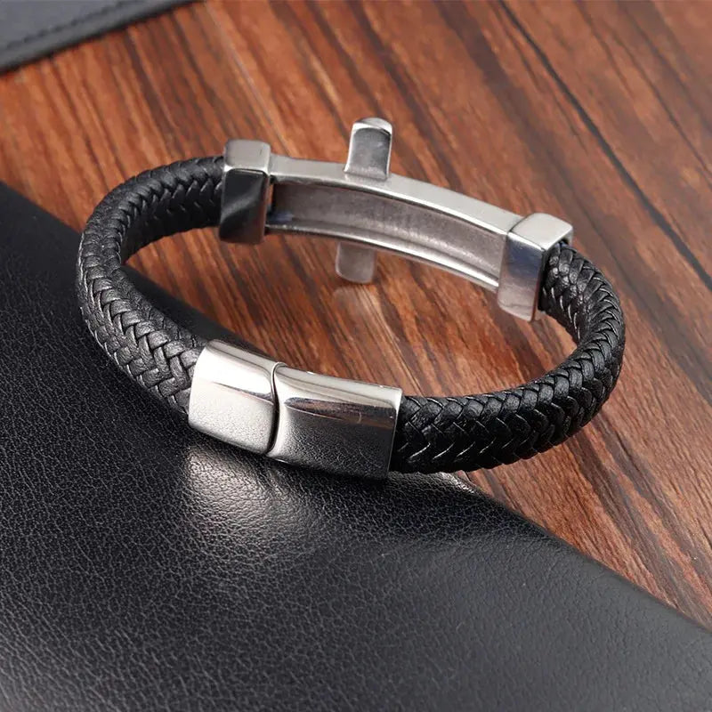 Steel Cross Leather Bracelet - Arvenis Co