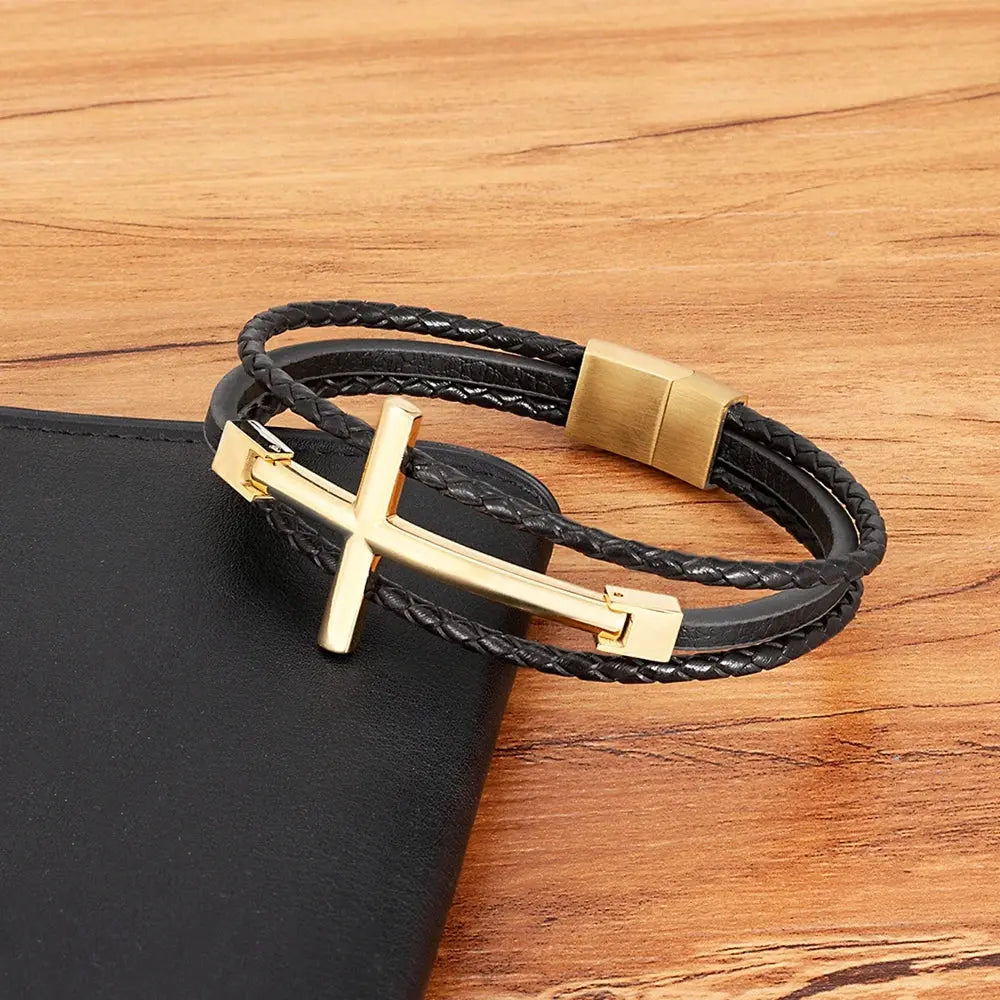 Bold Cross Leather Steel Bracelet - Arvenis Co