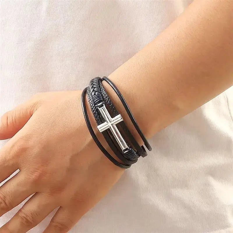Elegant Cross Leather Bracelet - Arvenis Co