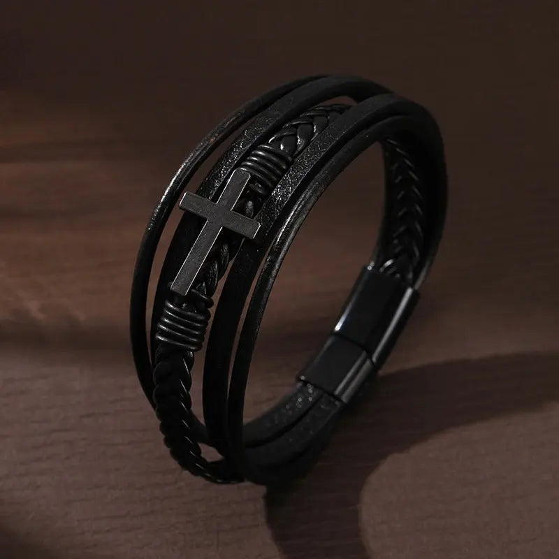 Jules Titanium Cross Leather Bracelet - Arvenis Co