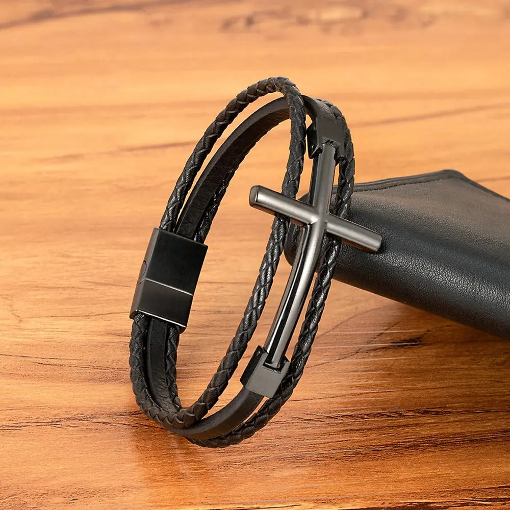 Bold Cross Leather Steel Bracelet - Arvenis Co