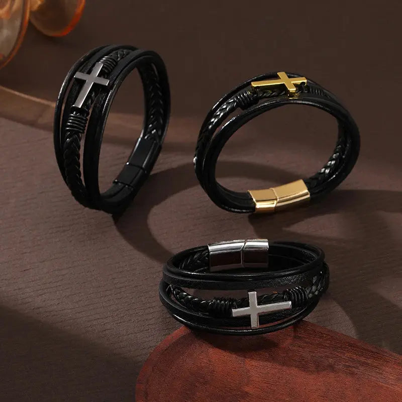 Jules Titanium Cross Leather Bracelet - Arvenis Co