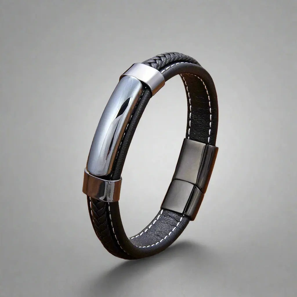 Hematite Grounded Leather Bracelet - Arvenis Co