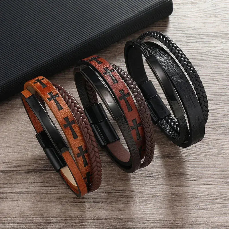Triple Layer Cross Leather Bracelet - Arvenis Co