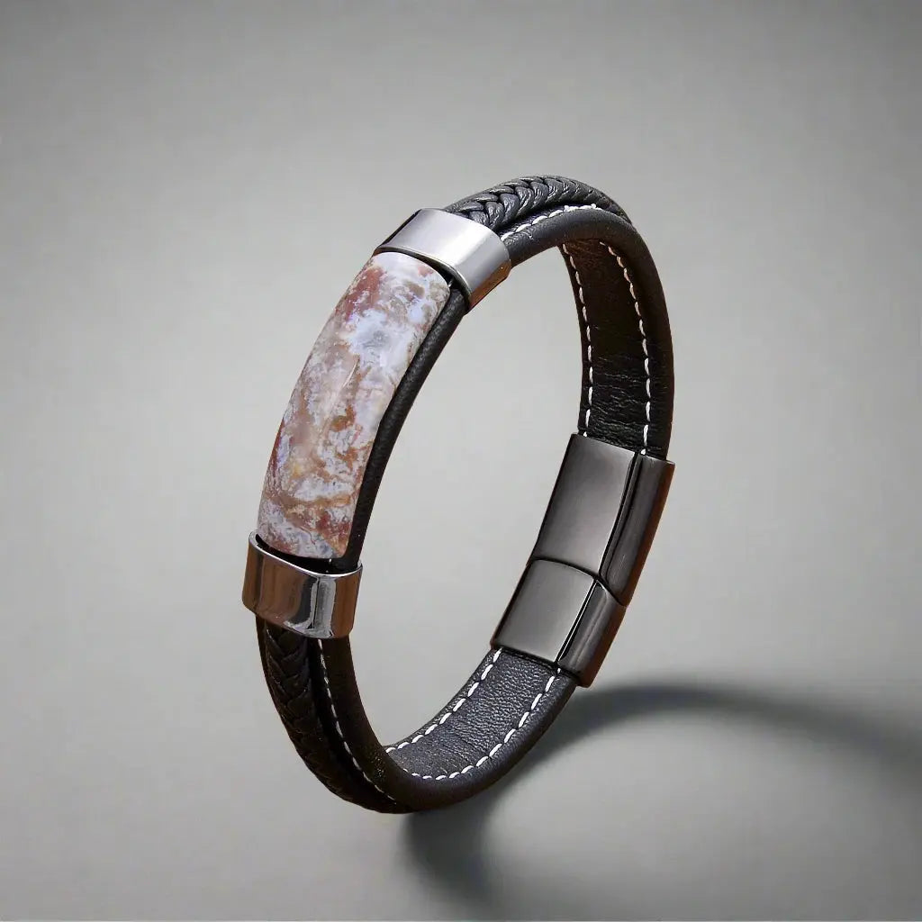Hematite Grounded Leather Bracelet - Arvenis Co